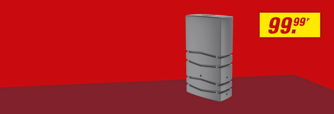 Ein grauer Wandtank steht vor einem roten Hintergrund.